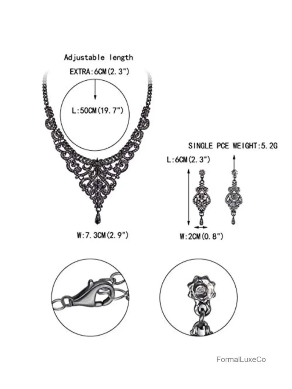 Vintage Crystal Rhinestone Art Deco Wedding Bridal Jewelry Set Necklace Earrings